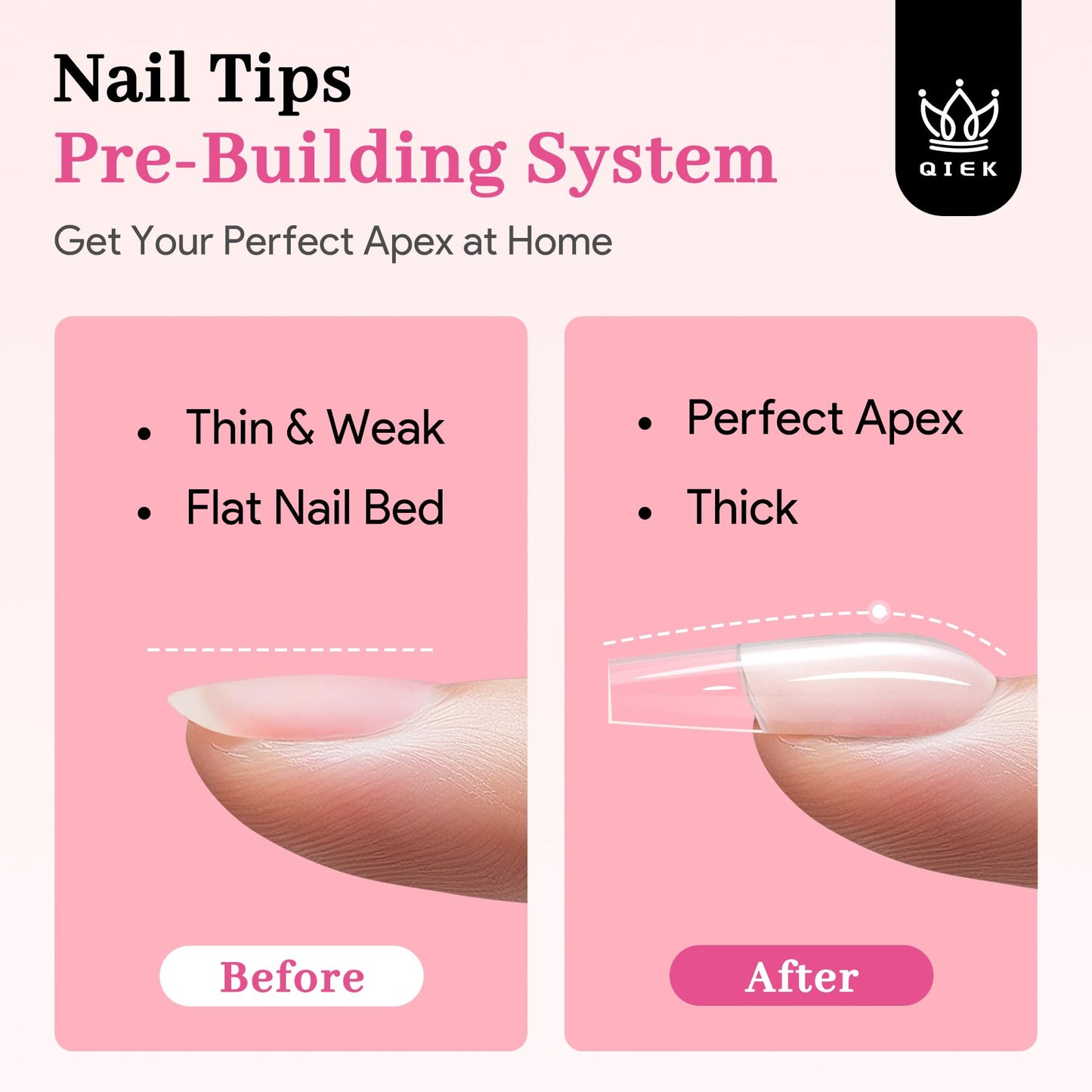 Qiek Medium Almond Pre-Building Nail Tips Kit, 15 Sizes 240 PCS Pre-shaped Apex Pink Thick Extensions Tip Soft Half Matte Press On Fake Nails Glue Gel Nail Lamp for DIY Beginners & Salon Manicure