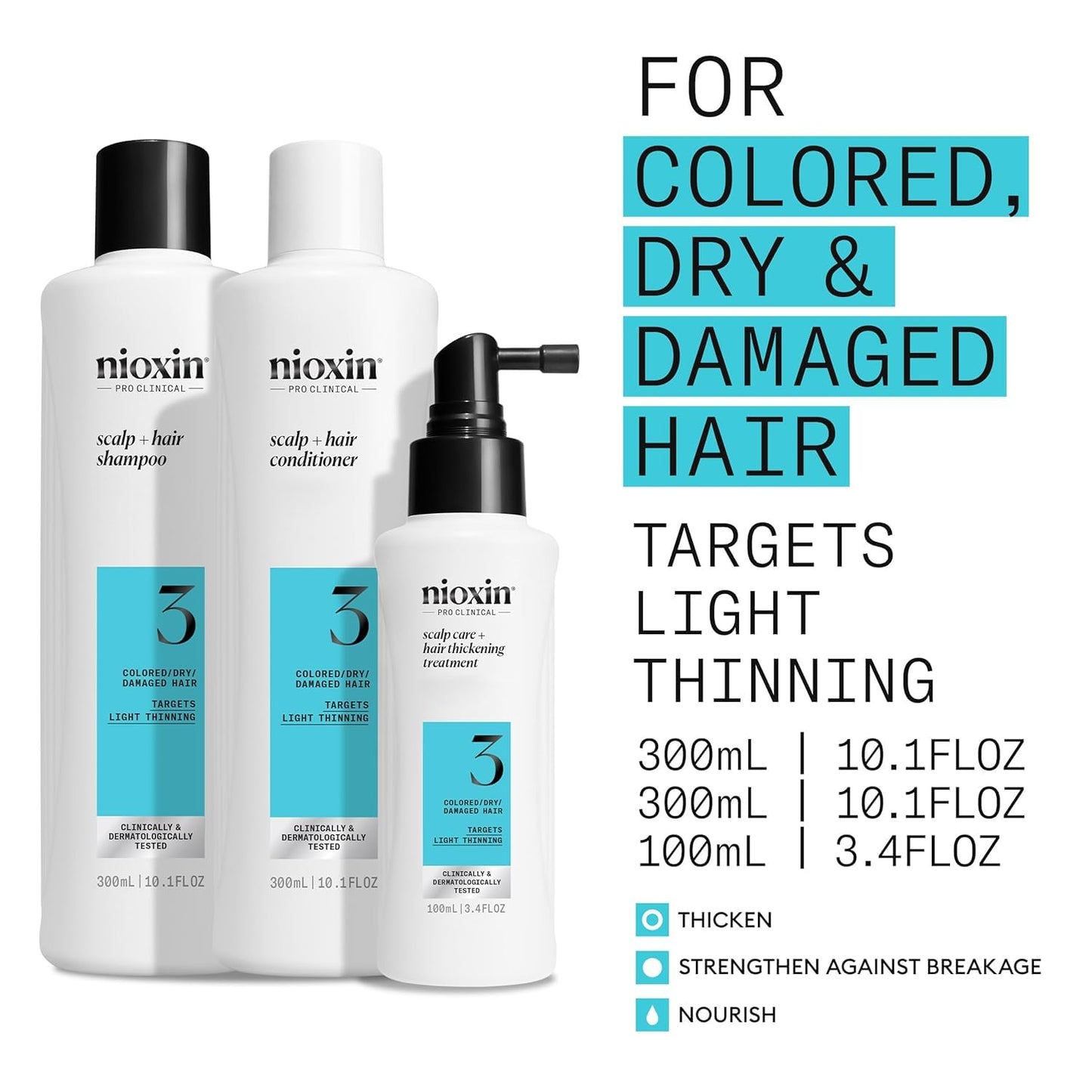 Nioxin Scalp + Hair Thickening System 3 Kit | For Colored, Dry, & Damaged-Hair with Light Thinning | Cleanse, Condition, & Treat + Sebastian Professional Dark Oil Lightweight Styling| Bundle