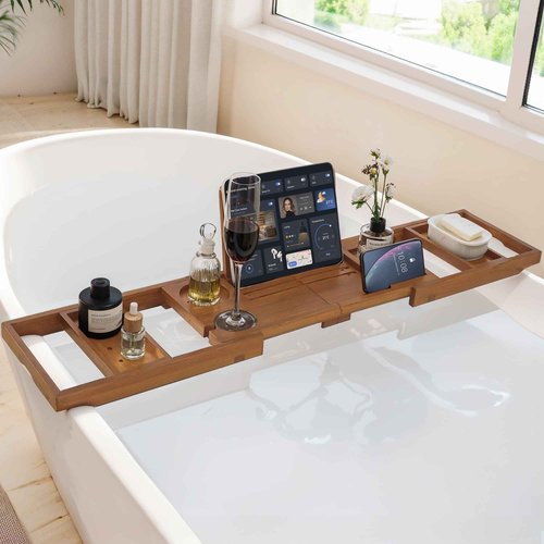 Teak Bathtub Tray Expandable Bathroom Tray for Home Spa Relaxation, Wooden Tray Caddy for Bathtub, Teak Bathtub Caddy as Unique Housewarming, Birthday, Wedding Shower Gifts (Natural Teak)