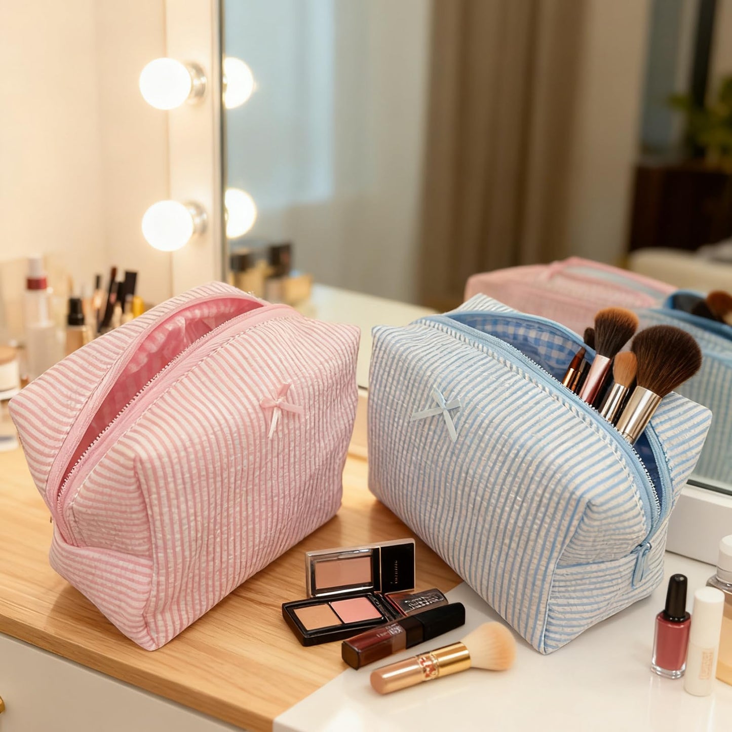 10 Pcs Cotton Quilted Makeup Bags Bulk-Valentines Day Gifts Bow Stripe Cosmetic Pouch Bridesmaid Gifts Makeup Pouch with Zipper Travel Portable Case Preppy Gifts for Women (Pink)