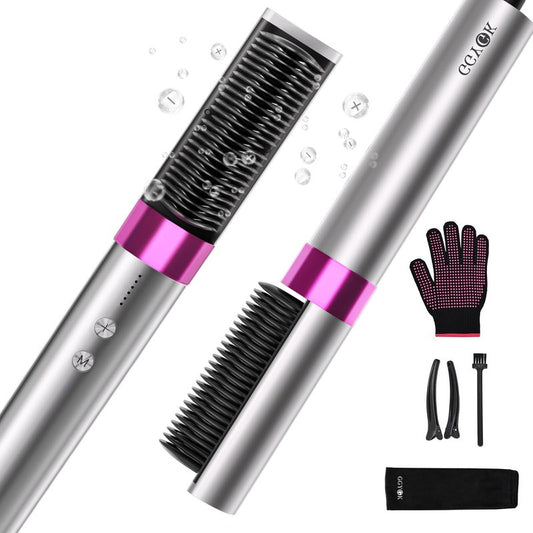 GGYGK Plasma Hair Straightener Brush,Ceramic Straightening Brush for Women,Heated Hair Straightener Comb with Dual Voltage,Anti-Scald,20s Fast Heating,Grey