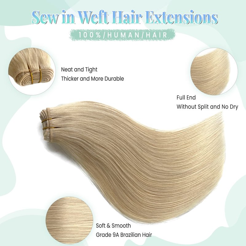 Sew in Hair Extensions Real Human Hair, Blonde Weft Hair Extensions Human Hair, 14 Inch 80G Hand Tied Weft Hair Extensions Human Hair Bundles Weave Extensions for Women