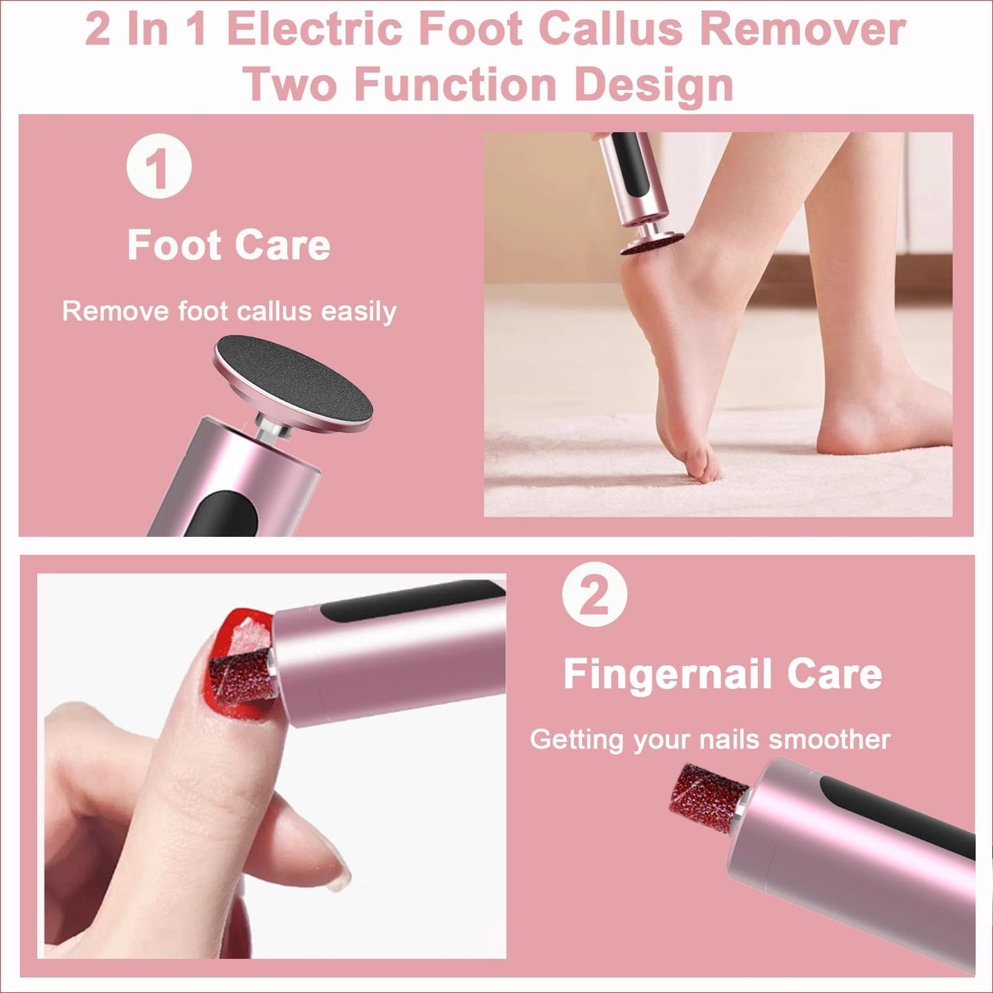 2 in 1 Electric Foot Callus Remover - with Nail Drill File, Aluminum Alloy, 11000RPM, 9 Speeds, with Digital Display, 10 Grinding Heads & 20pcs Sandpaper Discs,Cordless Rechargeable (Pink)
