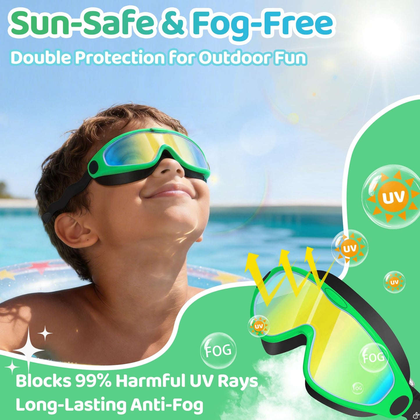 Vvinca Kids Swim Goggles for Boys Girls Age 3-15, Soft Wave-Shape Strap (No Hair Pulling), 180° Wide View Anti Fog/UV Waterproof Swimming Goggles, Leak Free Silicone Pool Goggle for Toddler Youth