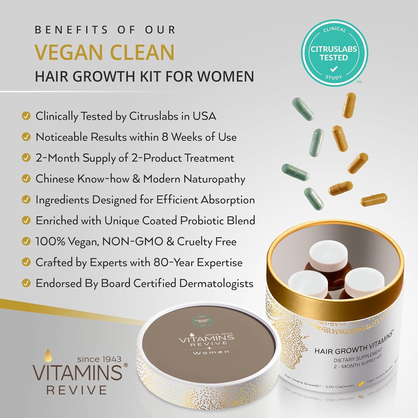 Revive Hair Growth Vitamins for Women - Clinically Tested Supplement for Thinning Hair | 2-Month Supply