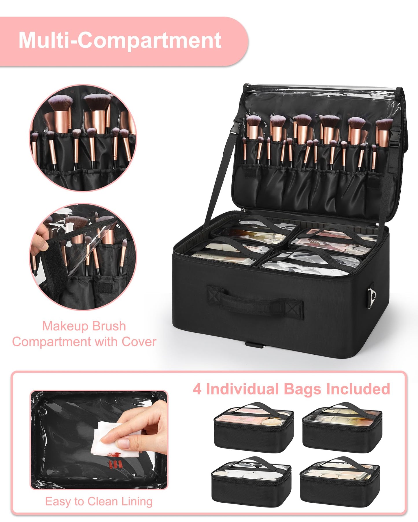 Relavel Extra Large Makeup Case Professional Cosmetic Storage Organizer Box Brush Holder with 4 Clear Set Bags & Lipstick Plate for Makeup Artists with Shoulder Strap & Adjustable Dividers