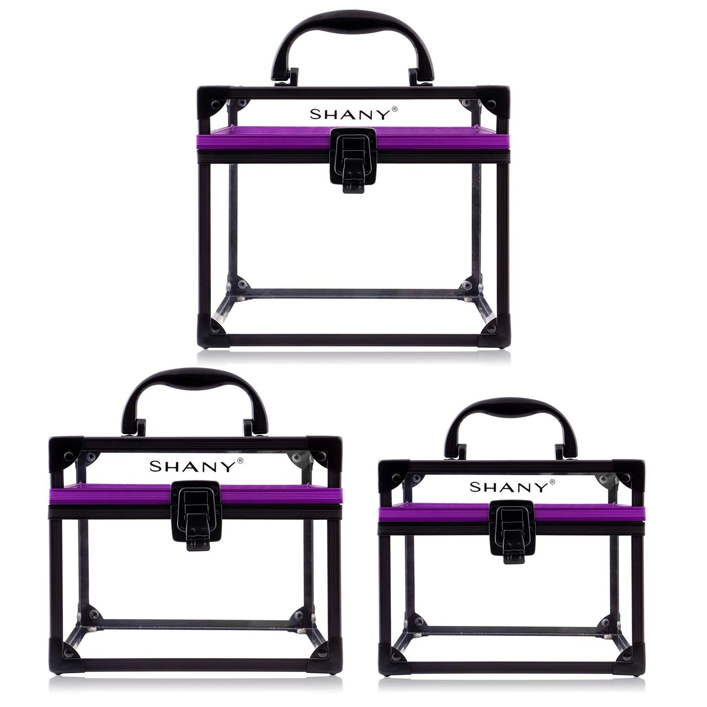 SHANY Clear Cosmetics and Toiletry Train Case - Clear Travel Makeup Bag Case Organizer with Secure Closure and Black/Purple Accents - 3PC Set