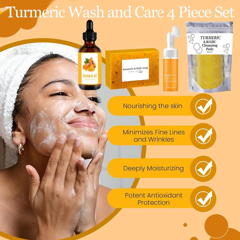 Turmeric Wash Set - Lemon Turmeric Kojic Soap, Cleansing Pads & Face Wash | Exfoliating Essential Oil