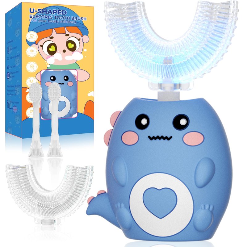 Lwalaneng Kids U Shaped Electric Toothbrush, with 3 Cleaning Modes, with 4 Brush Heads, 360° Sonic Automatic Toothbrush, IPX7 Waterproof Cartoon Dinosaur Design (Ages 2-12)