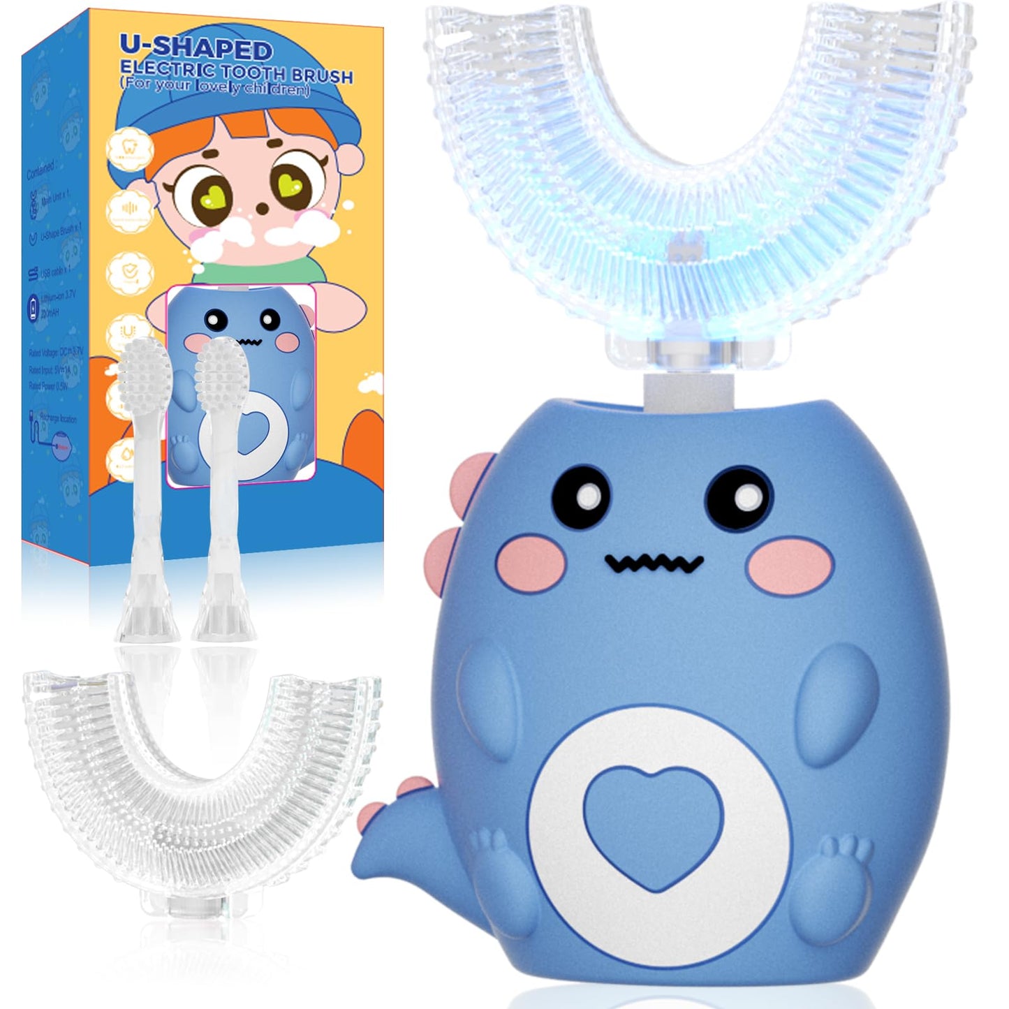 Lwalaneng Kids U Shaped Electric Toothbrush, with 3 Cleaning Modes, with 4 Brush Heads, 360° Sonic Automatic Toothbrush, IPX7 Waterproof Cartoon Dinosaur Design (Ages 2-12)