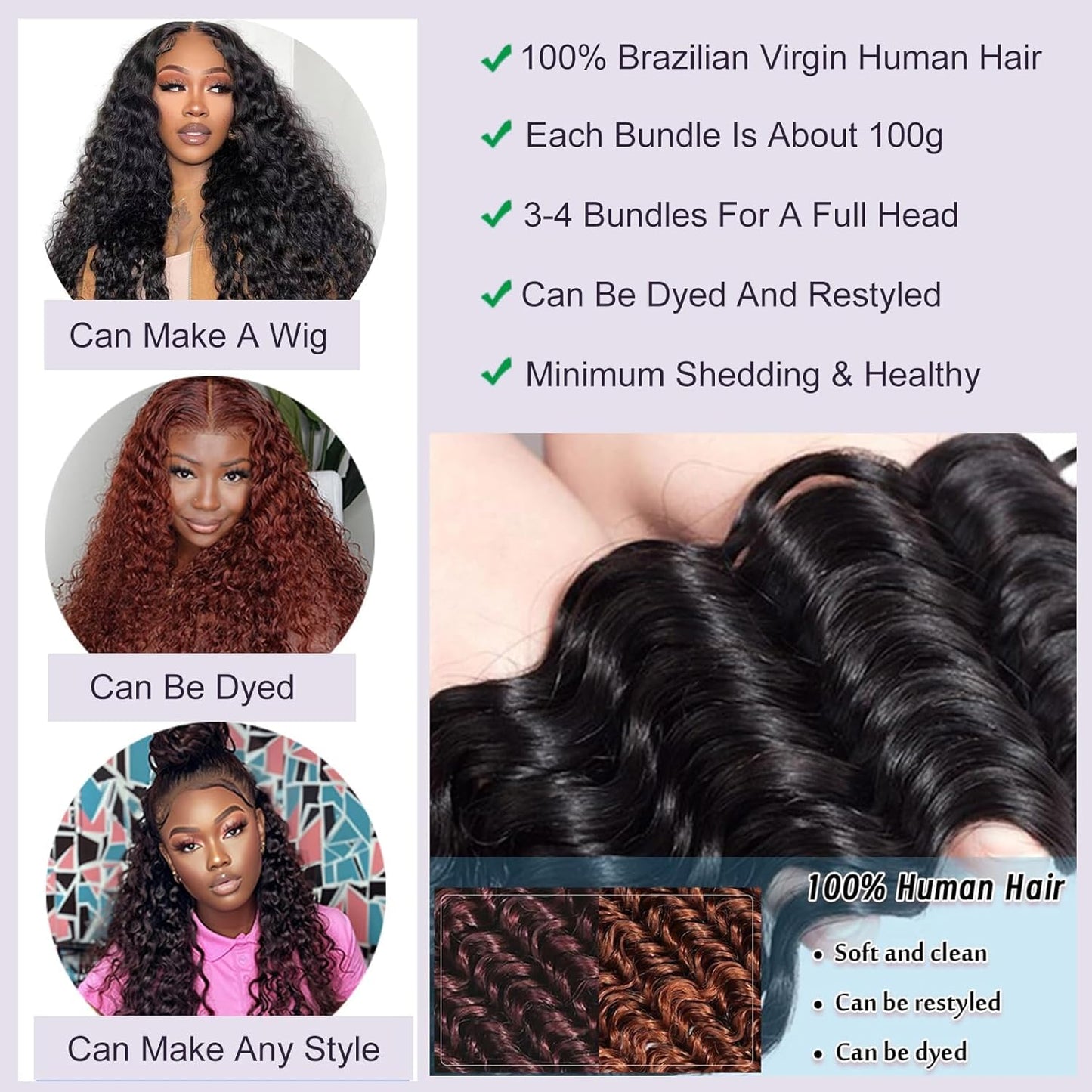 BLACKMOON HAIR Deep Wave Human Hair Bundles 100% Human Hair 100g/Bundles 20 Inches Curly Bundle Human Hair Double Weft Natural Black Wet and Wavy Brazilian Virgin Hair for Black Women