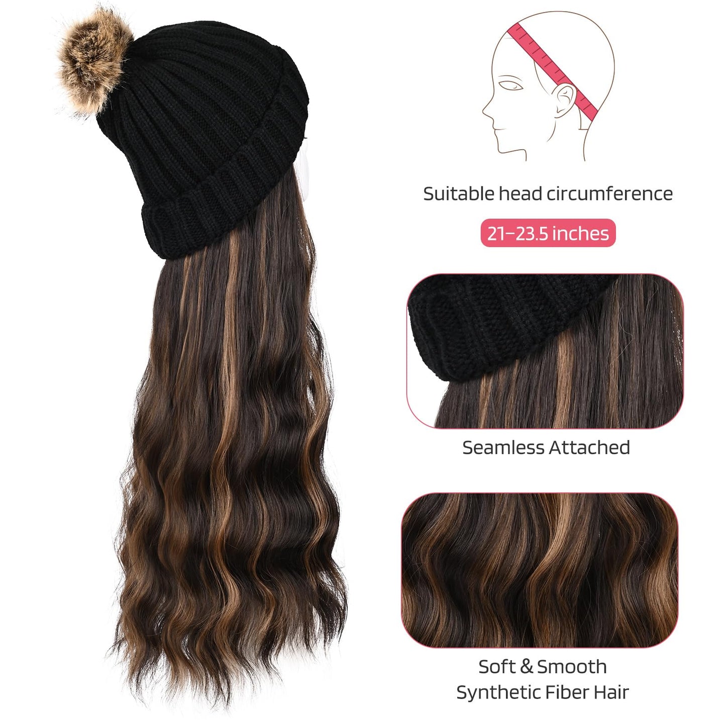 HOOJIH Knitted Beanie Wig, Hat Hair Extension Long Wavy Curly Black Hat Wig with Faux Fur Pom Hat Attached 18 Inch Synthetic Hairpiece for Women Girls Winter - Light Brown with Medium Golden Blonde