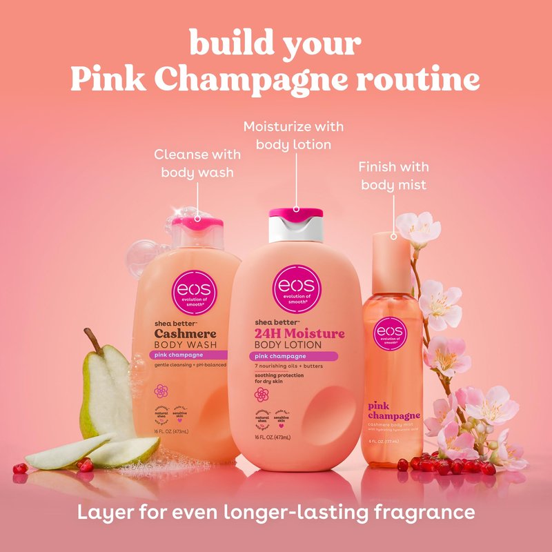 eos Cashmere Body Wash – Pink Champagne, Moisturizing Body Wash, Creamy Gel Formula, with Shea Butter, Glycerin, Vitamin E, pH Balanced, Sensitive Skin, Vegan, 16 fl oz