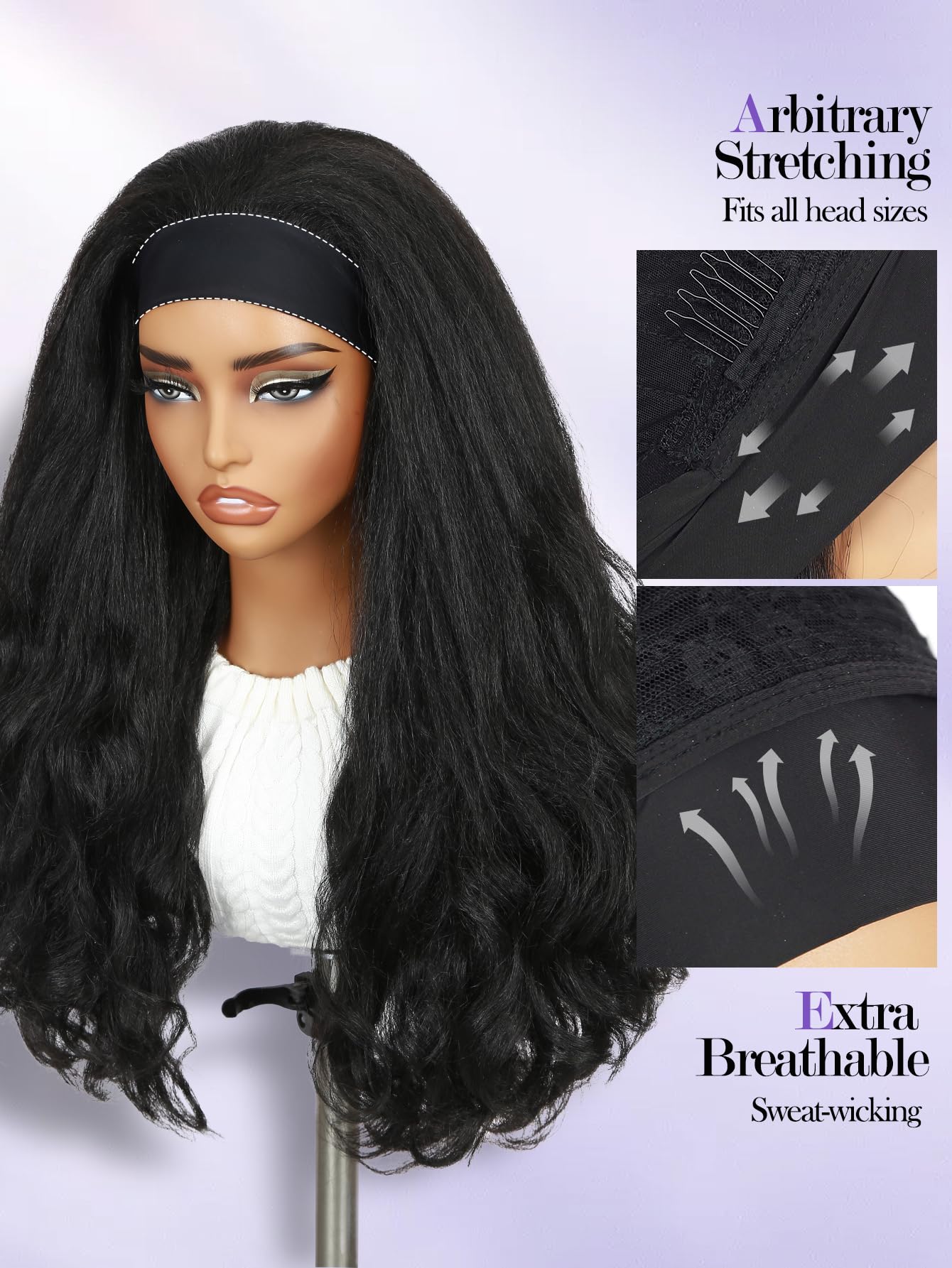 FANCEE Yaki Wavy Headband Wigs for Black Women 26 Inch Black Kinky Straight Wear and Go Wig with Curly Wavy Ends Synthetic Glueless Half Wig with Headbands Attached Blow Out Style Natural Hair Texture