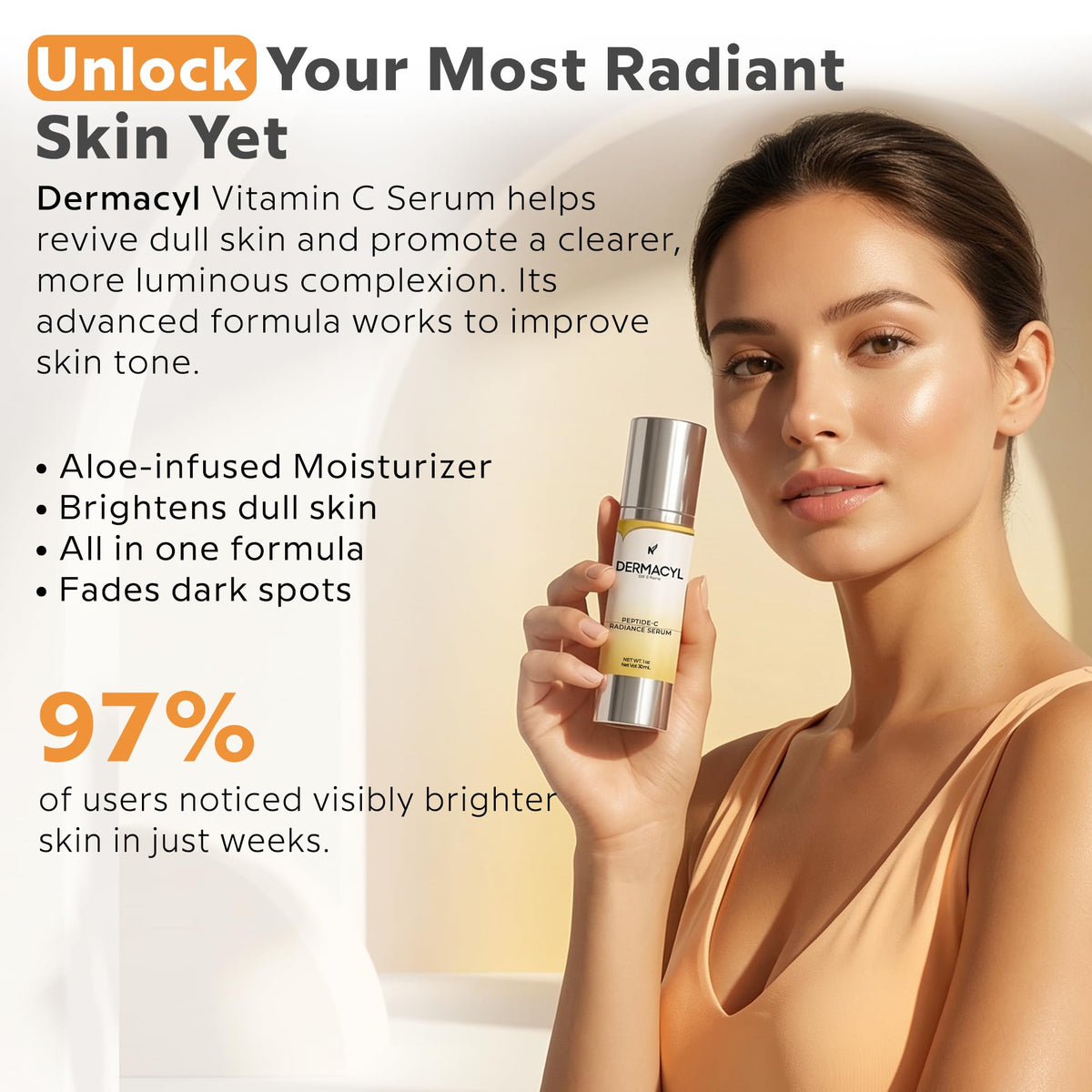 Dermacyl Vitamin C Serum for Face - Peptides c Total Package Serum with Hyaluronic Acid - All-in-One Vitamin Formula for Anti Aging, Hydration, Firms, Lifts, Targets Age spots - Fine Lines & Wrinkles