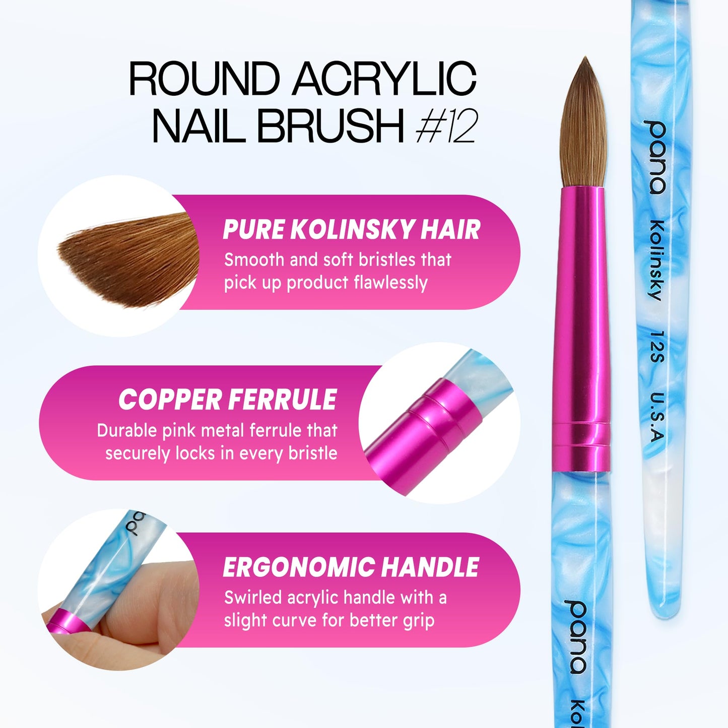 PANA USA Acrylic Nail Brush Pure Kolinsky Hair Acrylic White Swirl Blue Handle with Pink Ferrule Round Shaped - Size 12