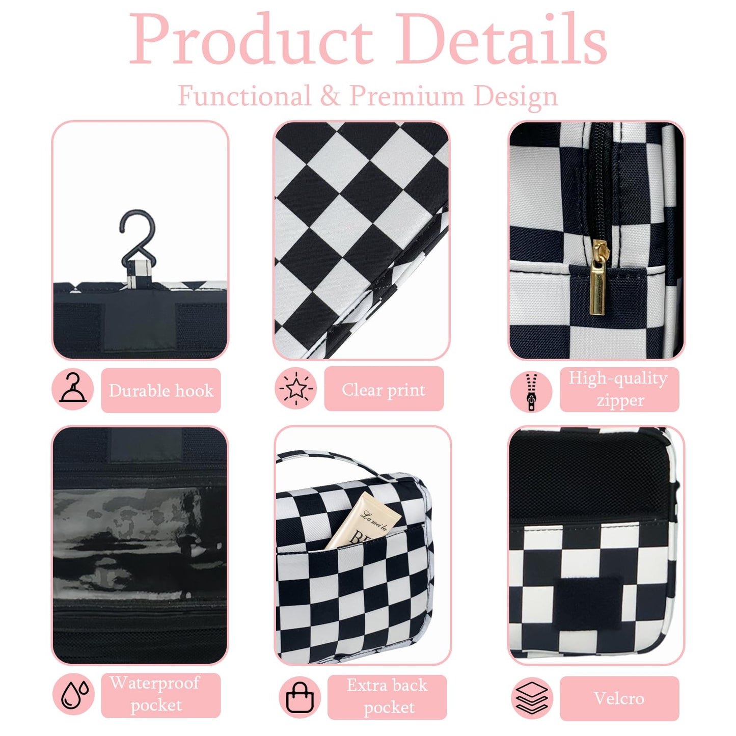 Crazy Bison Hanging Travel Toiletry Bag Kit Makeup Bag Cosmetics Organizer for Men Women (Black & White Checkerboard)