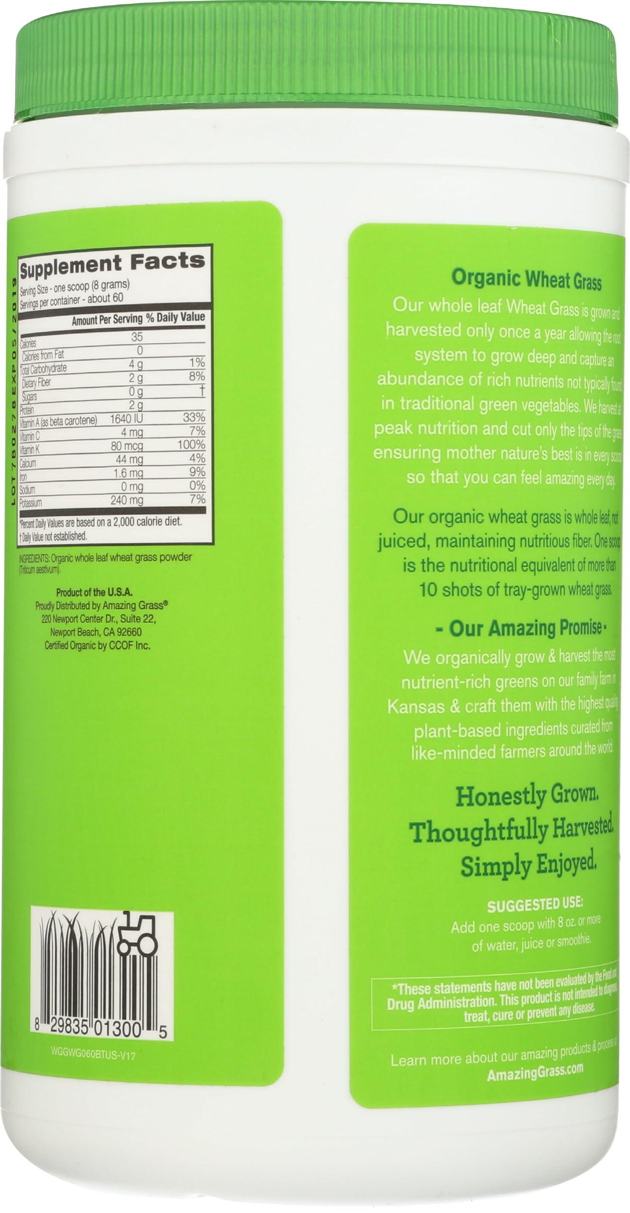 Amazing Grass Wheat Grass Powder: 100% Whole-Leaf Wheat Grass Powder for Energy, Detox & Immunity Support, Chlorophyll Providing Greens, 60 Servings