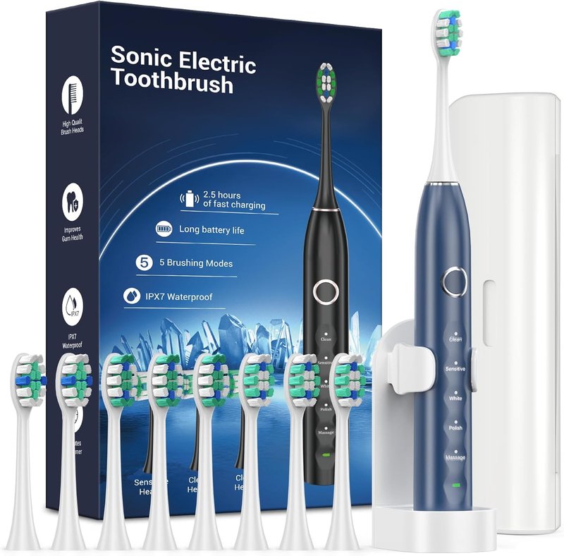 Electric Toothbrush Set - Sonic Rechargeable IPX7 with 8 Brush Heads | Travel Case, 5 Modes, 120 Days Battery Life, Blue