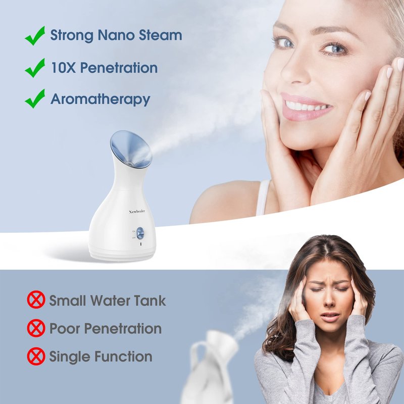 Newbealer 2in1 Facial Steamer, Hot Mist Facial Aromatherapy Humidifier Atomizer, Large Face Steamer Unclogs Pores Sinuses Moisturizing, Home Sauna Spa with Eyebrow Set (Blue, 170ml)