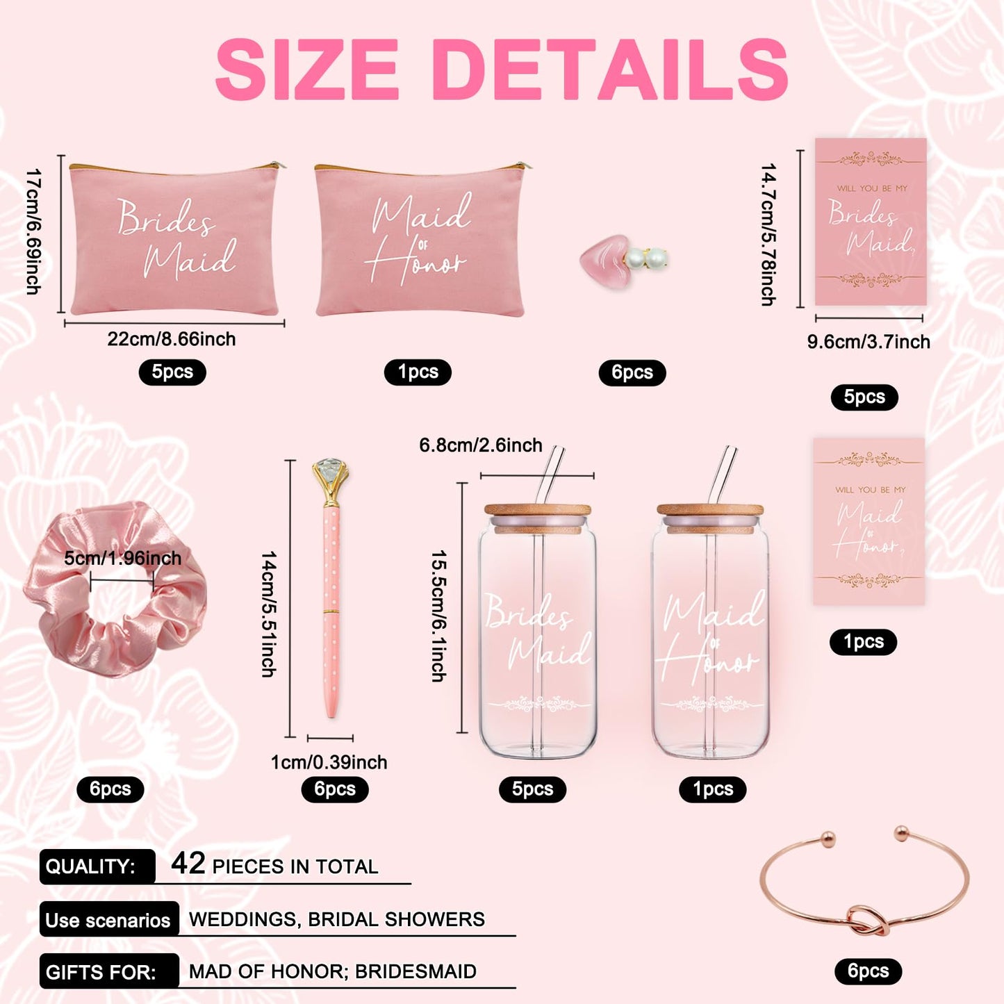 KIKINIKO Bridesmaid Gifts Set of 6 Pink, Total 42 pcs, Bridesmaid Proposal Gifts Contain 16oz Glass Cups Cosmetic Makeup Bags Invited Cards Scrunchies Hair Knotted Bracelets Diamond Pens love clip