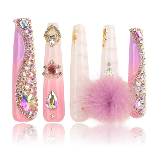 Luxury Pink Acrylic Nail Tips with Crystals - Reusable Long Square Press-On Nails (10 Pcs, Size M)