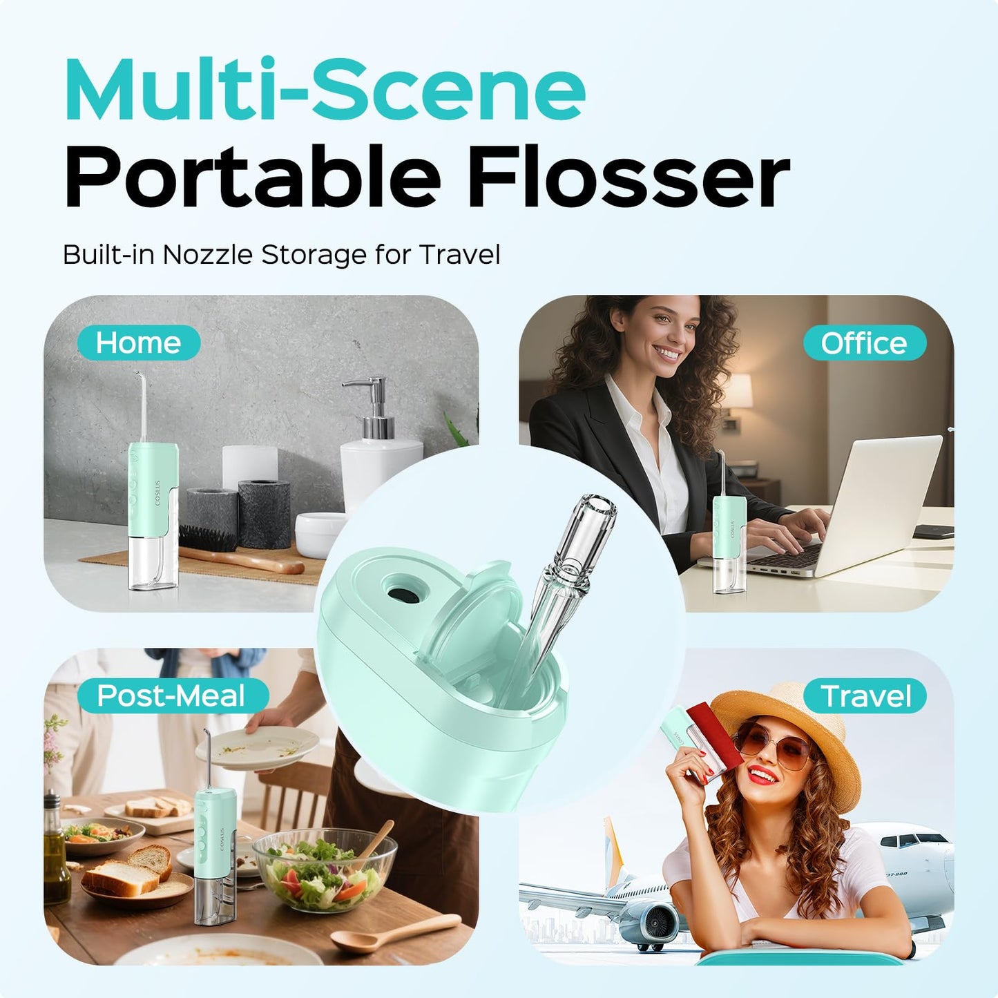 COSLUS T40 Mini Water Flosser for Travel: Portable Lightweight Design Cordless Oral Irrigator with Removable Tank & 4 Modes, IPX7 Waterproof for Braces, Sensitive Teeth Travelers & Family Use, Green