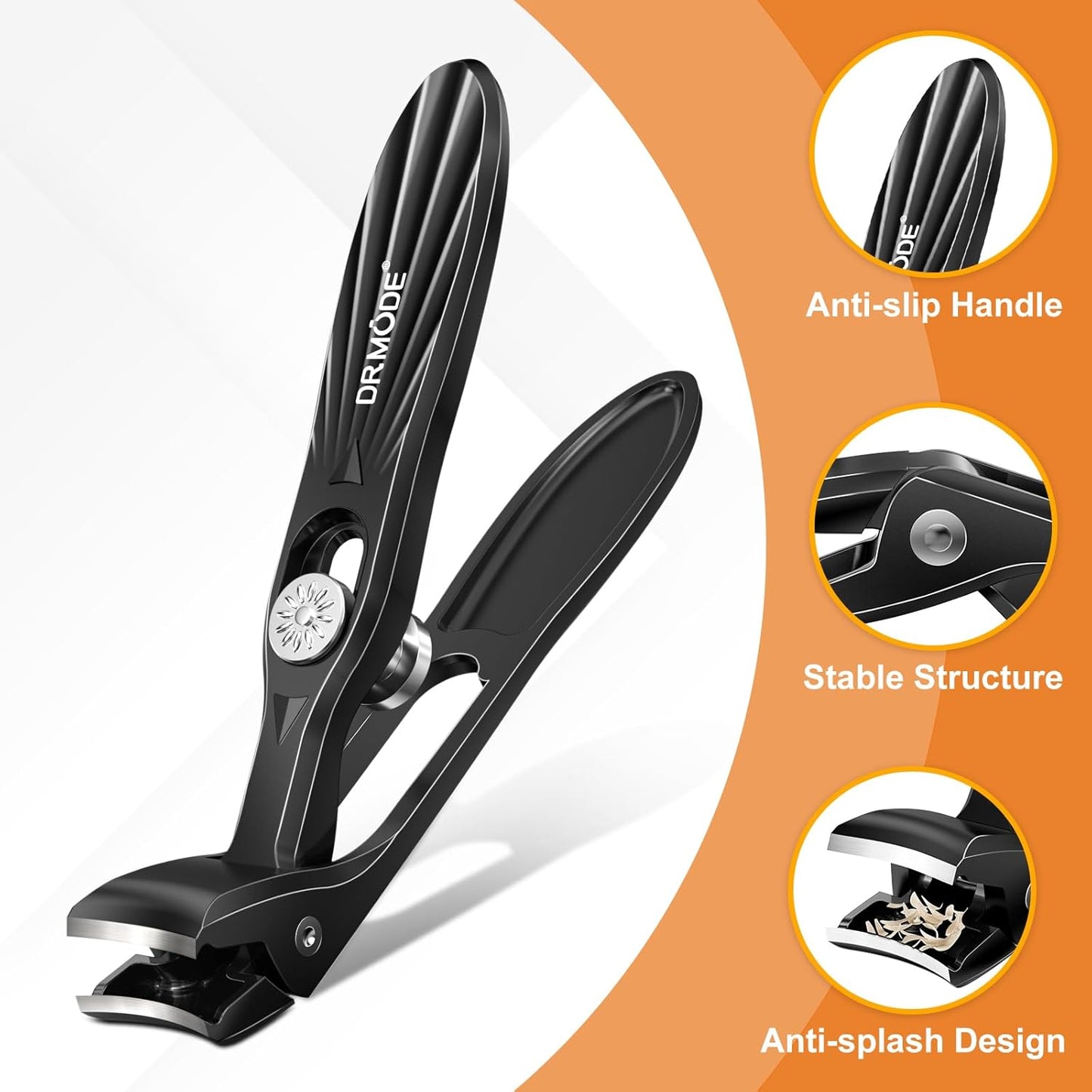 Nail Clippers for Thick Nails - Heavy Duty Angled Head Toenail & Fingernail Clipper with Catcher | Long Handle, Black