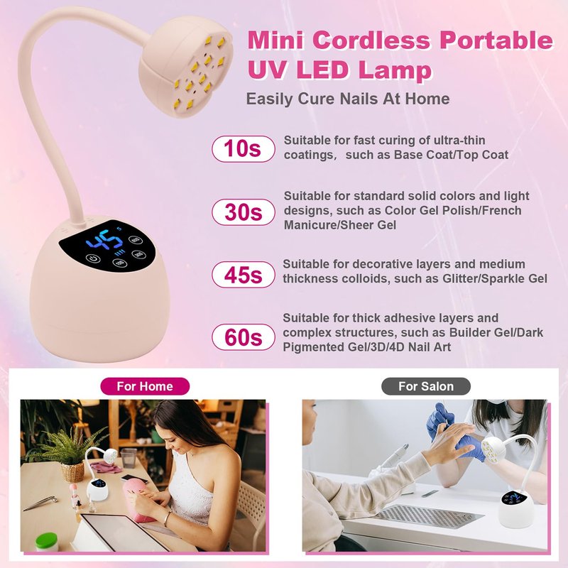 CGBE UV LED Nail Lamp, 36W Mini Cordless Flash Cure Lamp, USB Rechargeable Goosenecks LED Nail Light with 4 Timers & Auto Sensor for Salon Home DIY Use, White Diamond