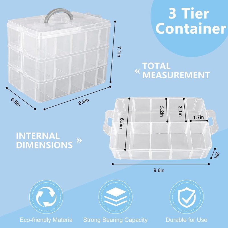 Clear 3-Tier Stackable Storage Container - Adjustable Nail Art Organizer with 30 Compartments | Craft Supply Box
