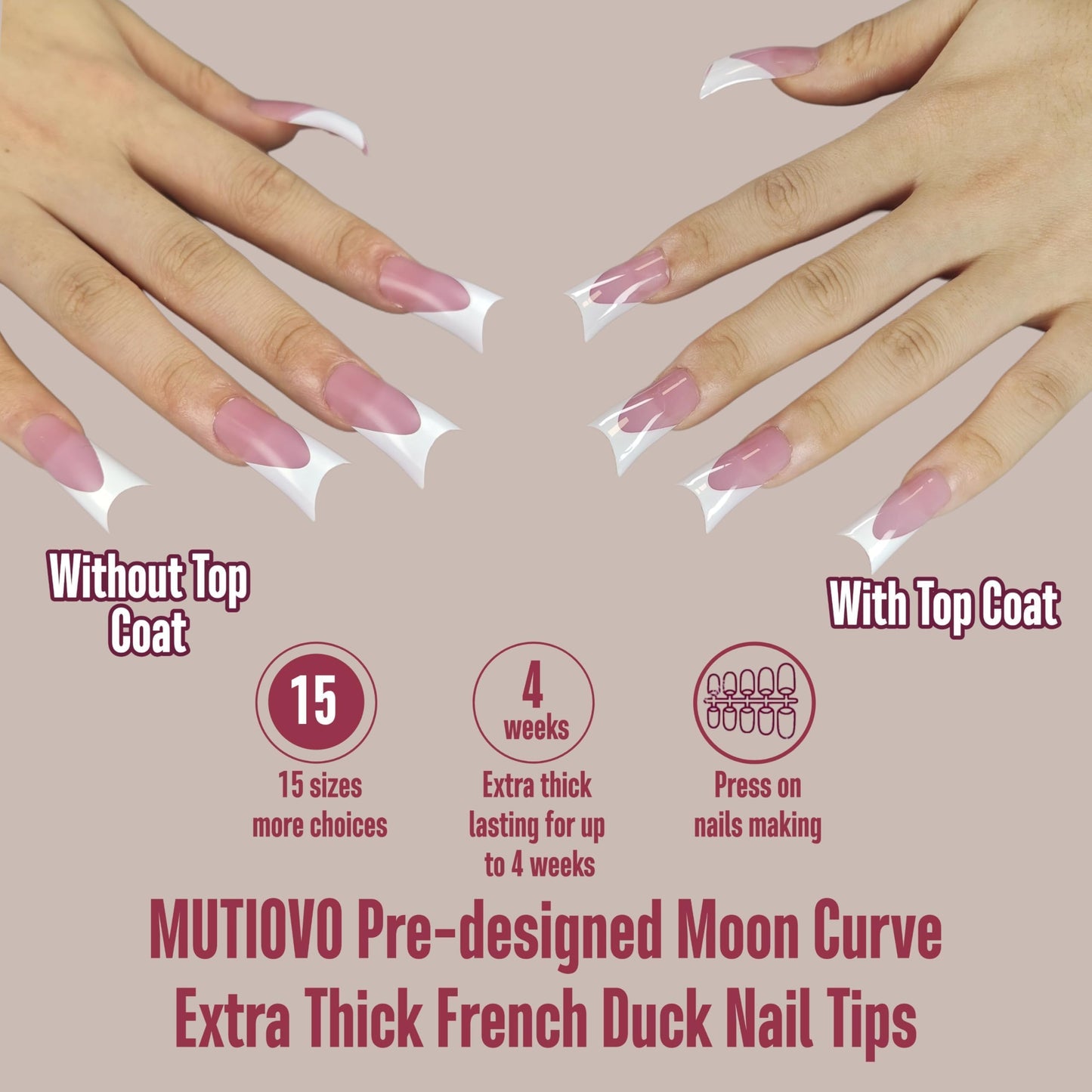 MUTIOVO White French Tip Duck Feet Nail Tips Full Cover for Press on Acrylic with Moon Curve, BERRY PINK Extra Thick Medim Long, Flare Wide Soft Gel Fake False Nail Extension x 15 Sizes 150 pcs