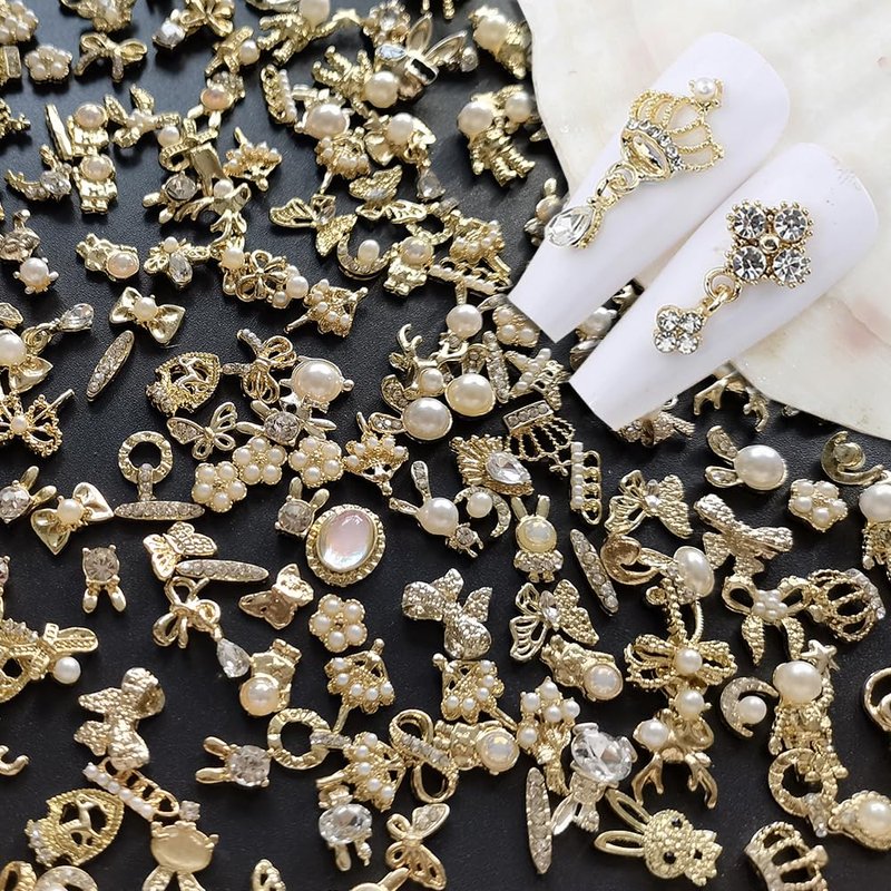 50pcs Gold 3D Alloy Flowers Bows Butterfly Star Crown Heart Charms for Nail Art Design - Mixed Gems Rhinestones Jewels Supplies