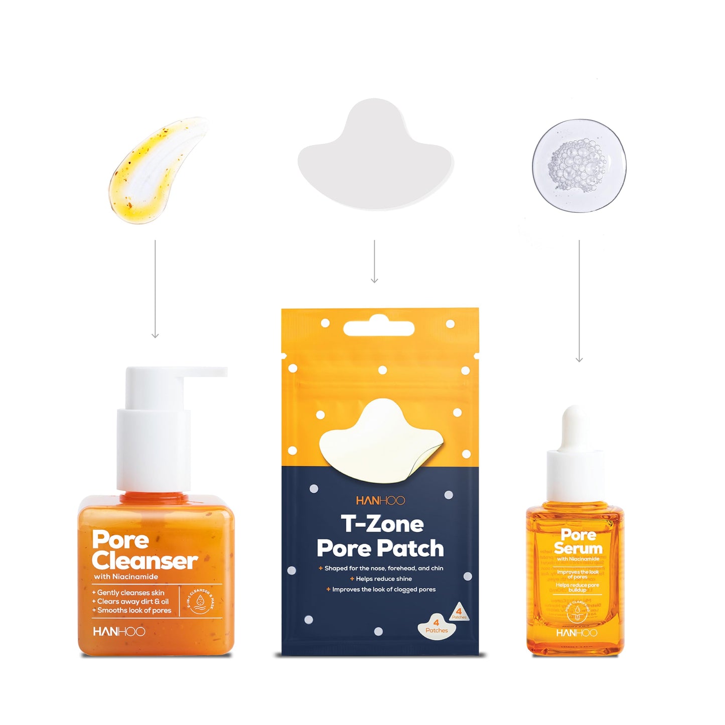 Hanhoo Pore Collection, Pore Cleanser 6.76 Fl. Oz., Pore Serum 1 Fl. Oz., T-Zone Pore Patch 8 Ct, with Niacinamide and Salicylic Acid, Pore Patches, Clarifies Clogged Pores, Korean Skincare