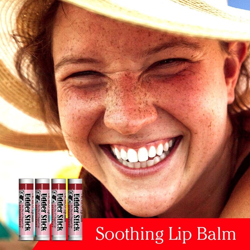 Dr. Hess Original Udder Stick Lip Balm, Soothing Moisturizer Sun Screen Balm for Dry Lips with Jojoba, Beeswax & Shea Butter, Total Lip Care, Hydration & Repair, Strawberry Flavor, 4 Pack
