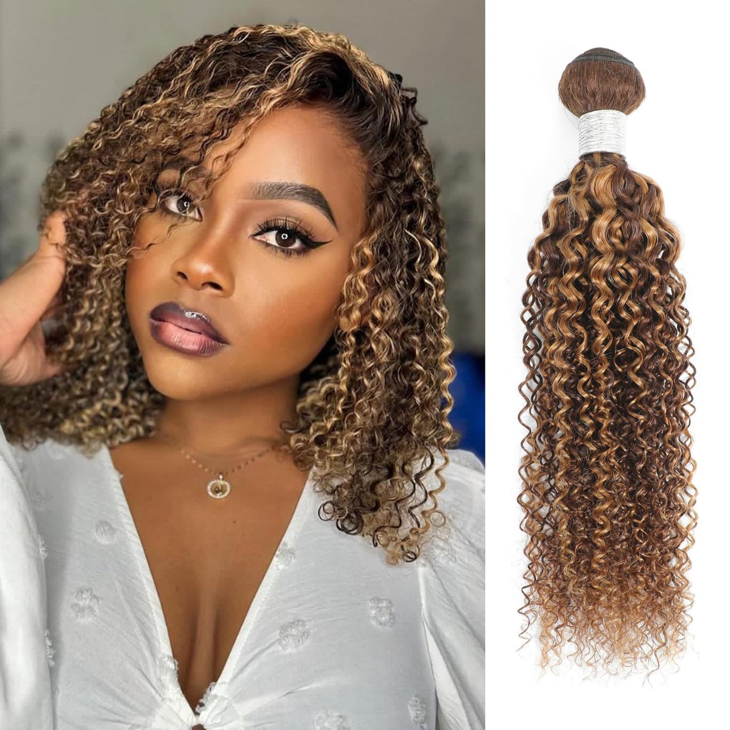 AUROO Honey Blonde Highlight Tight Kinky Curly Human Hair Single Bundles, 12A Brazilian Curly Weave Bundles Human Hair 100% Virgin Remy Bundle Ombre #P4/27 Colored Kinky Curly Thick Tracks Sew in 14In