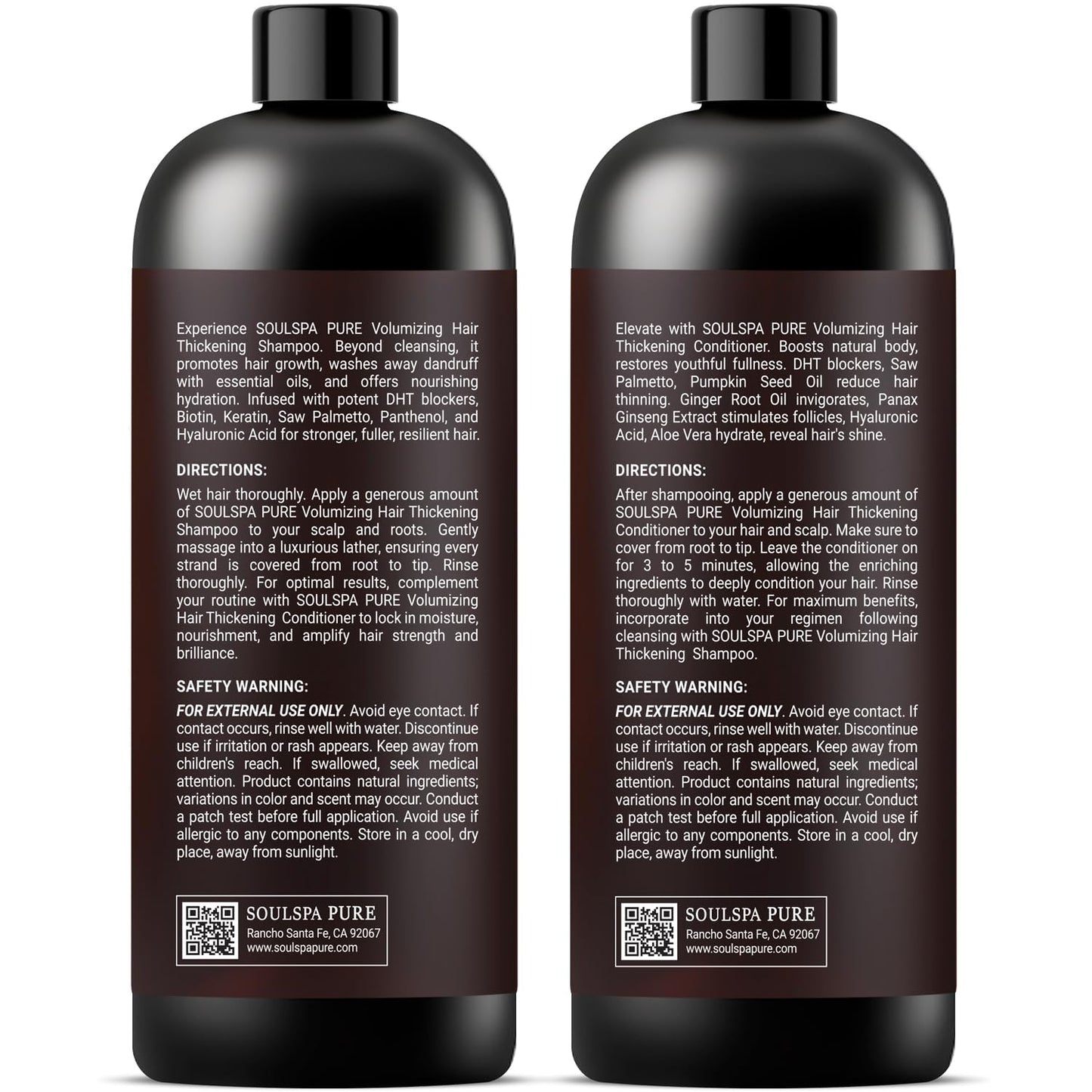 SOULSPA PURE Thickening Shampoo and Conditioner Set - Volumizing Formula with DHT Blockers, Biotin, Keratin, Caffeine & Saw Palmetto - Hair Thickening for Men & Women - 16 fl oz Each