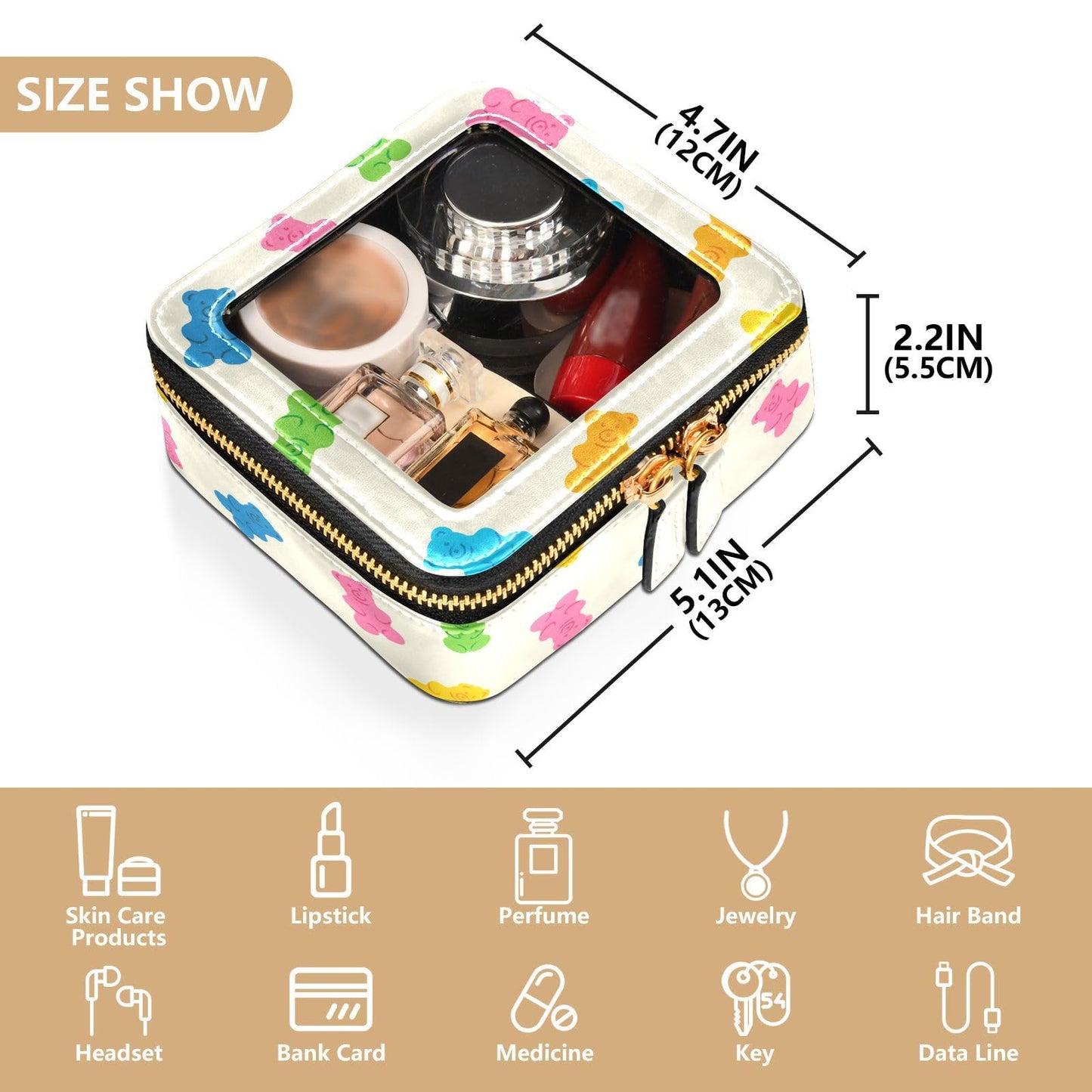 KICPOAY Clear Makeup Bag Gummy Bear Jelly Candy Colorful Travel Toiletry Bag with Zipper Small MakeUp Organizer Travel Essentials Cosmetic Bags for Women