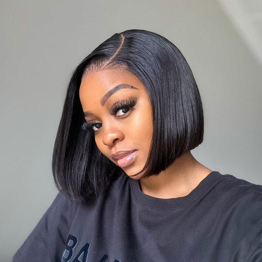 DSEKCAIN Bob Wig Human Hair 4x4 Lace Closure Middle Part Short Straight Bob Wigs for Women 100% Real Human Hair Natural Black 1B Color 10 Inch