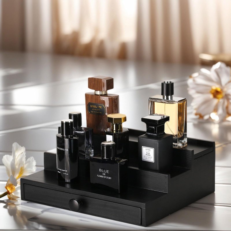 Fengligoo Black Wooden Cologne Organizer for Men - 3 Tier Wooden Perfume Display Stand with Drawer and Hidden Compartment for Organizing and Storing, Cologne Holder Shelf for Dresser