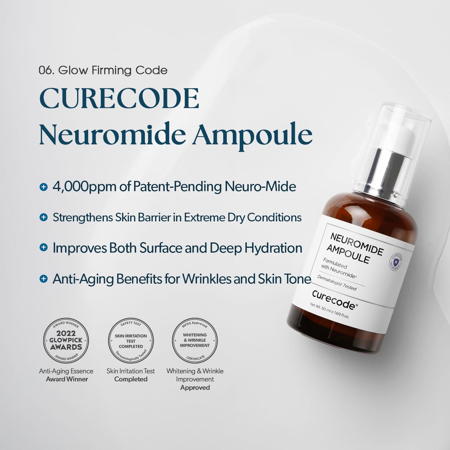 Curecode Neuromide Ampoule 50ml (1.71 fl oz) Hydrating Facial Serum for Dry Sensitive Skin - Korean Skin Care Face Ampoule with Niacinamide and Ceramide for Intense Moisture Barrier Repair, Anti Aging