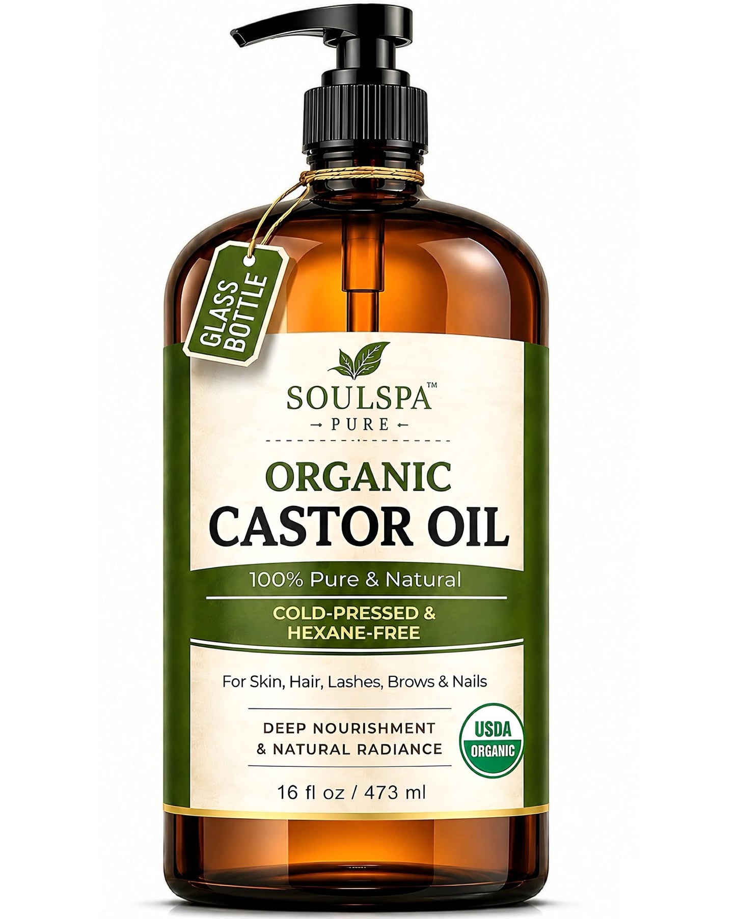 SOULSPA PURE Organic Castor Oil for Hair, Scalp, Skin, Face & Eyelashes | USDA Certified | 100% Pure Castor Oil Organic Cold Pressed Unrefined Glass Bottle, Hexane Free 16 fl oz