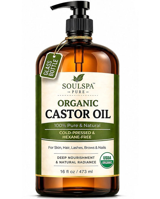 SOULSPA PURE Organic Castor Oil for Hair, Scalp, Skin, Face & Eyelashes | USDA Certified | 100% Pure Castor Oil Organic Cold Pressed Unrefined Glass Bottle, Hexane Free 16 fl oz
