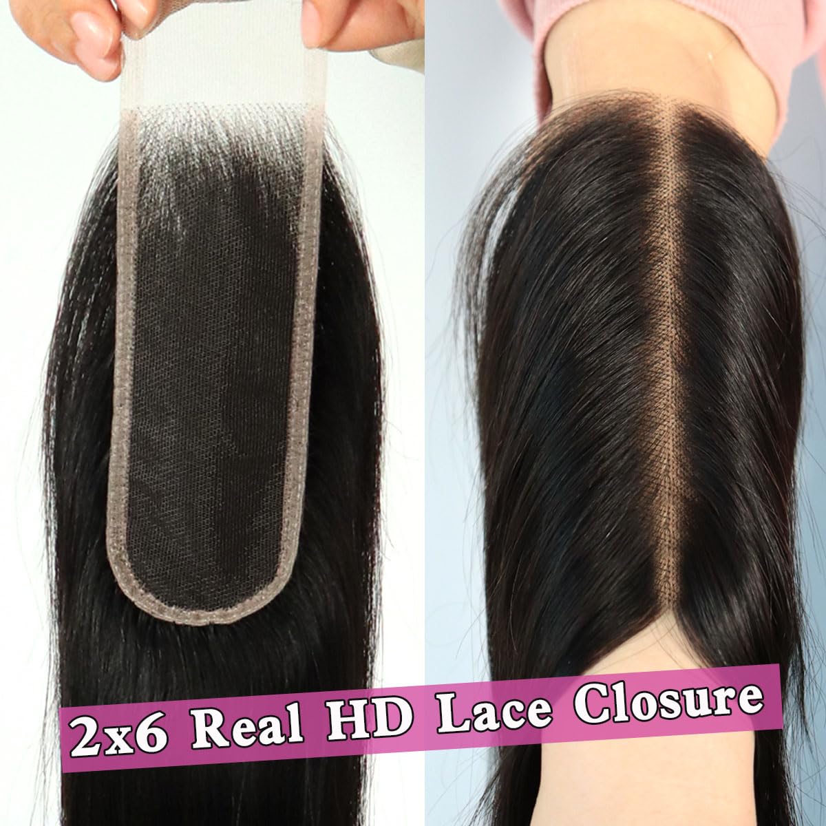 Mnador 2x6 SKINLIKE Real HD Lace Closure Deep Parting Straight Human Hair 0.095mm Ultra-thin hd lace Closure Tiny knots Brazilian Virgin Human Hair Closure pre plucked with Natural Hairline, 14inch