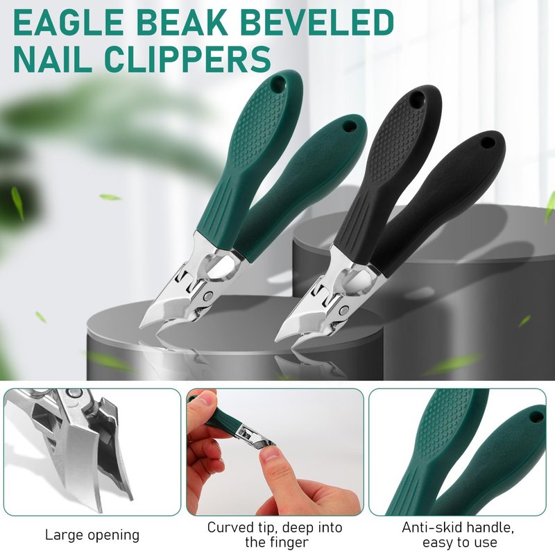 Eagle Beak Nail Clippers Set - Wide Jaw Anti-Splash Design | 3-Piece for Thick & Ingrown Nails (Green)