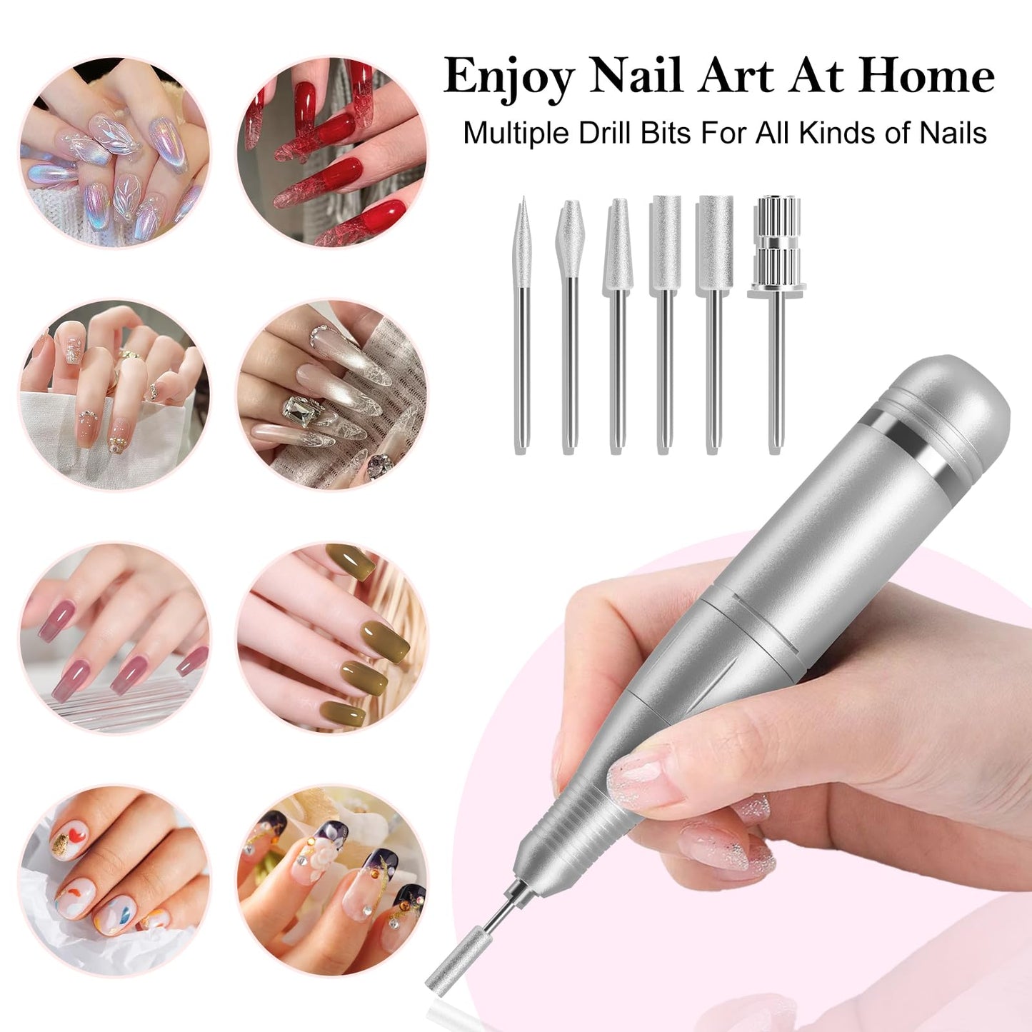 Electric Nail Drill Professional: 45000RPM Rechargeable Nail File with Bits & Base for Acrylic Gel Nails, Professional Nail Drill Manicure Pedicure Polishing Shape Tools for Home Salon