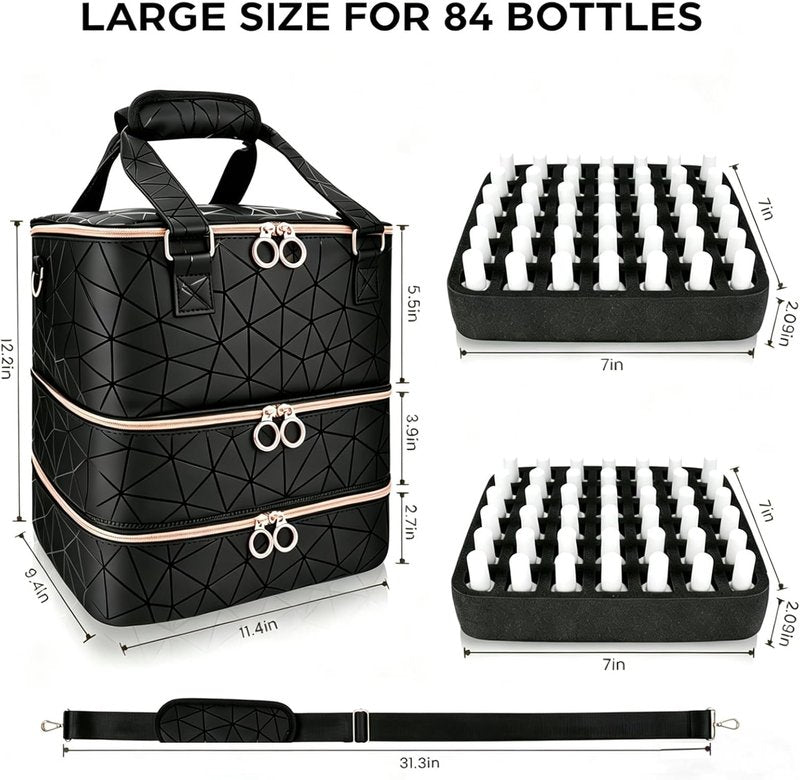 Nail Polish Organizer Bag - 84 Bottle Capacity | 3-Layer PU Leather Storage Case with Shoulder Strap for Nail Techs