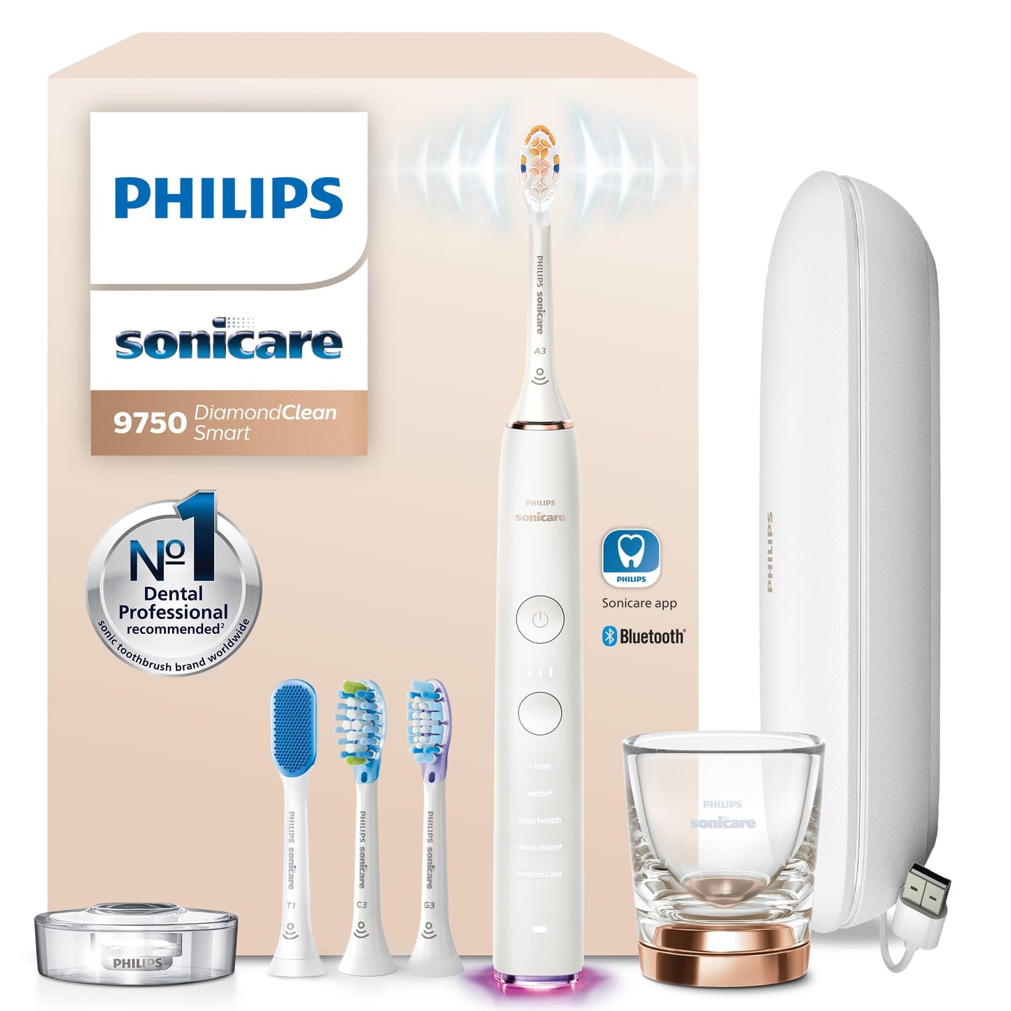 Philips Sonicare DiamondClean Smart 9750 Electric Toothbrush - Sonic Toothbrush with App, Pressure Sensor, 15 Brushing Settings, Replacement Reminder, USB Charging Travel Case, Rose Gold, HX9924/67