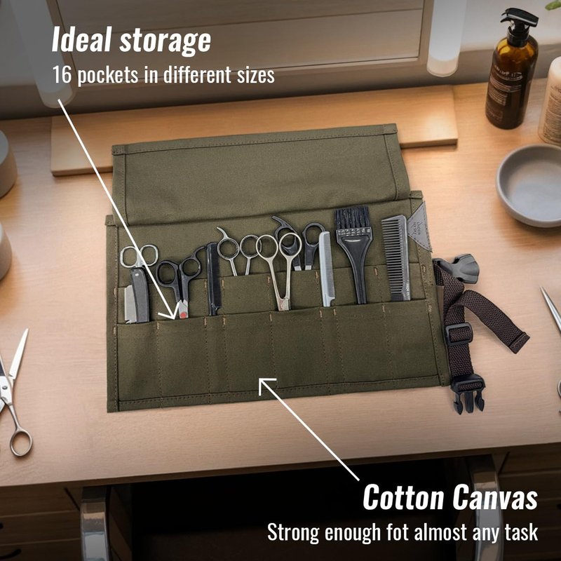 Under NY Sky Salon Scissors Roll Up Holder – Professional Canvas Pouch Case for Hair Stylists, Barbers & Hairdressers – Portable Storage Organizer for Hair Cutting Shears & Salon Tools - Green
