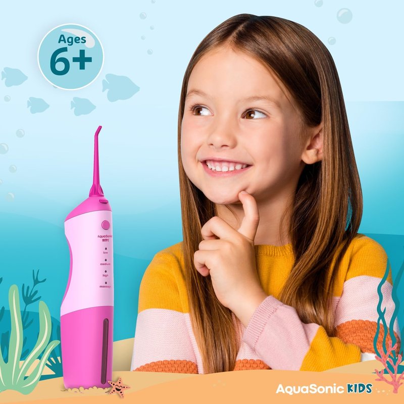 AquaSonic Kids' Water Flosser - 4 Flossing Modes, Orthodontic Nozzle | Pink Aquarium Adventures Design