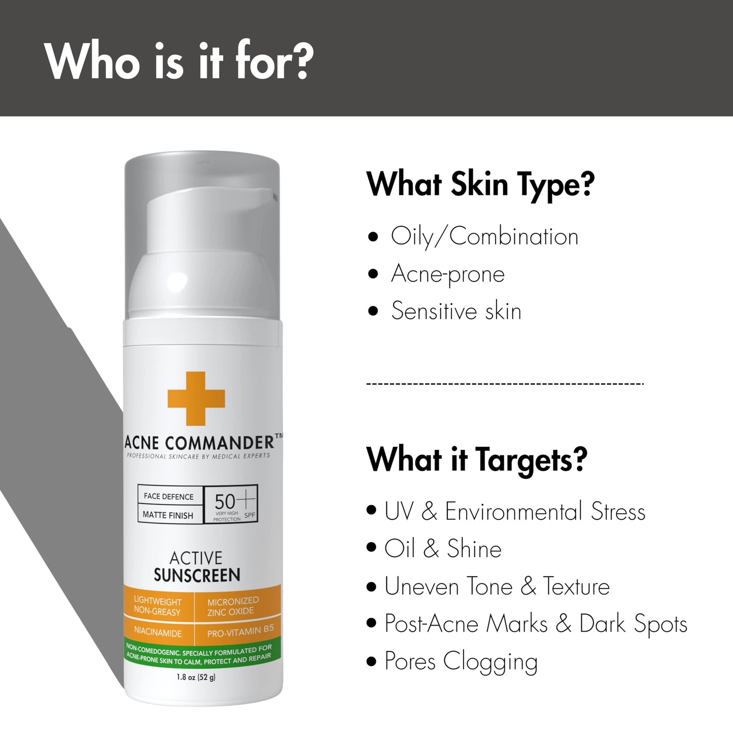 Acne Commander Mineral SPF 50 Face Sunscreen for Acne-Prone & Sensitive Skin — Zinc Oxide, Non-Comedogenic, No White Cast — Non-Tinted, Broad Spectrum, Fragrance-Free, Lightweight Daily, ~52g